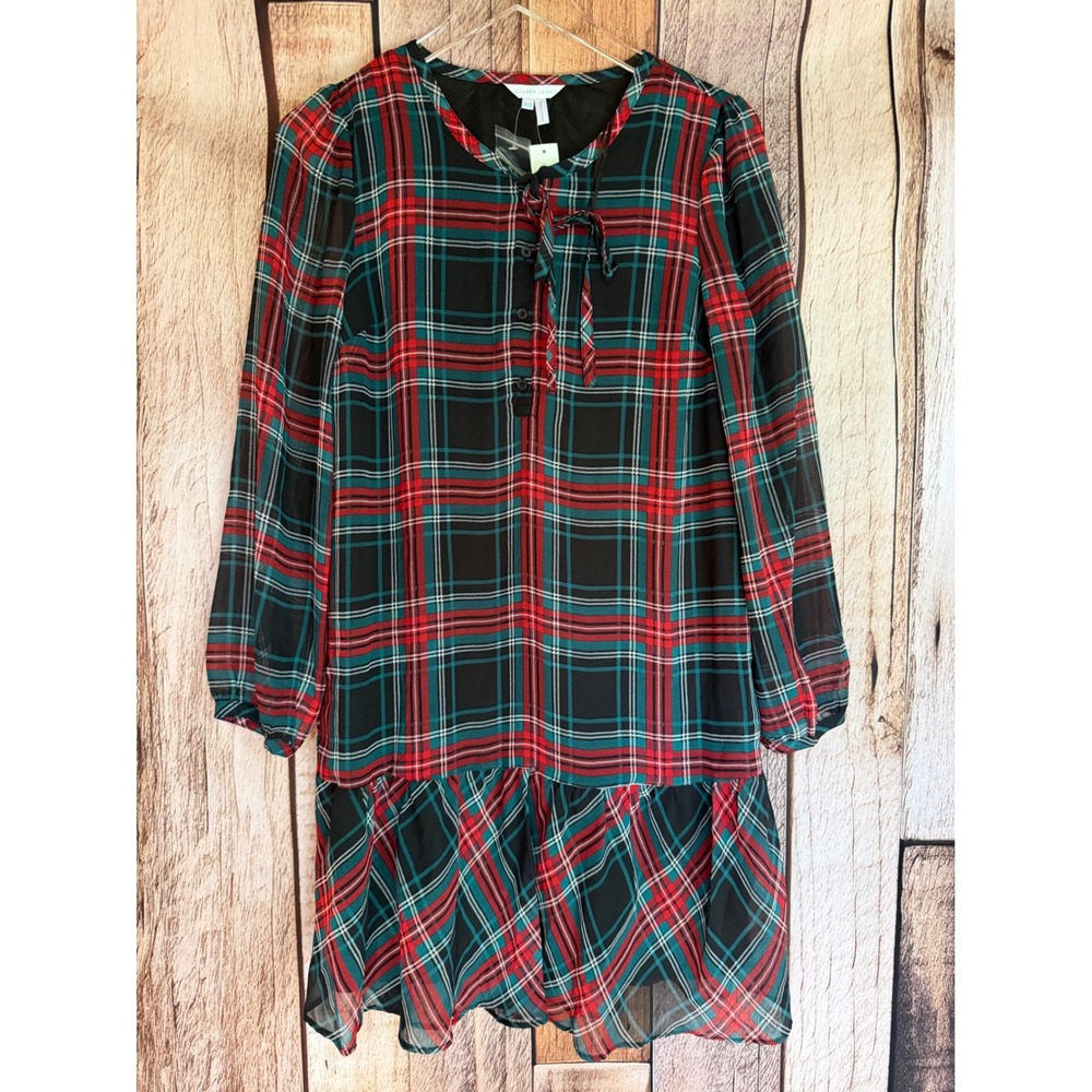 Draper James Dress Tie Neck Flounce Shift Plaid Holiday Christmas Size XS NWT